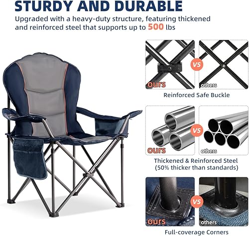 Miniatura 7 de Silla de campamento de gran tamaño resistente de 500 libras, silla plegable para exteriores con bolsa refrigeradora, bolsillos de almacenamiento,