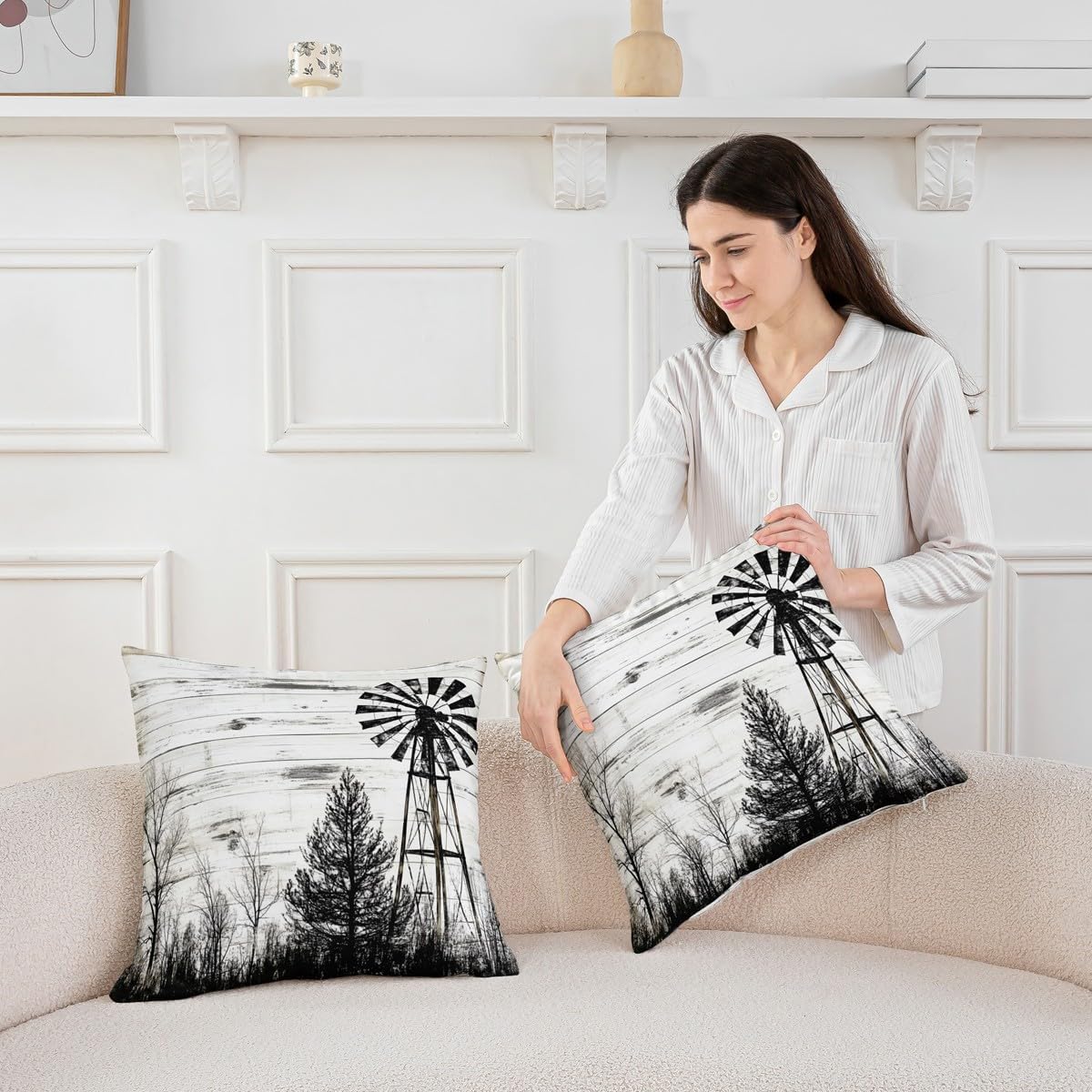 Erosebridal Pack of 2 Farmhouse Throw Pillow Covers Rustic Windmill Pillow Covers Black White Tree Branches Cushion Cases Rural Country Barn Print Decor,22x22 Inch