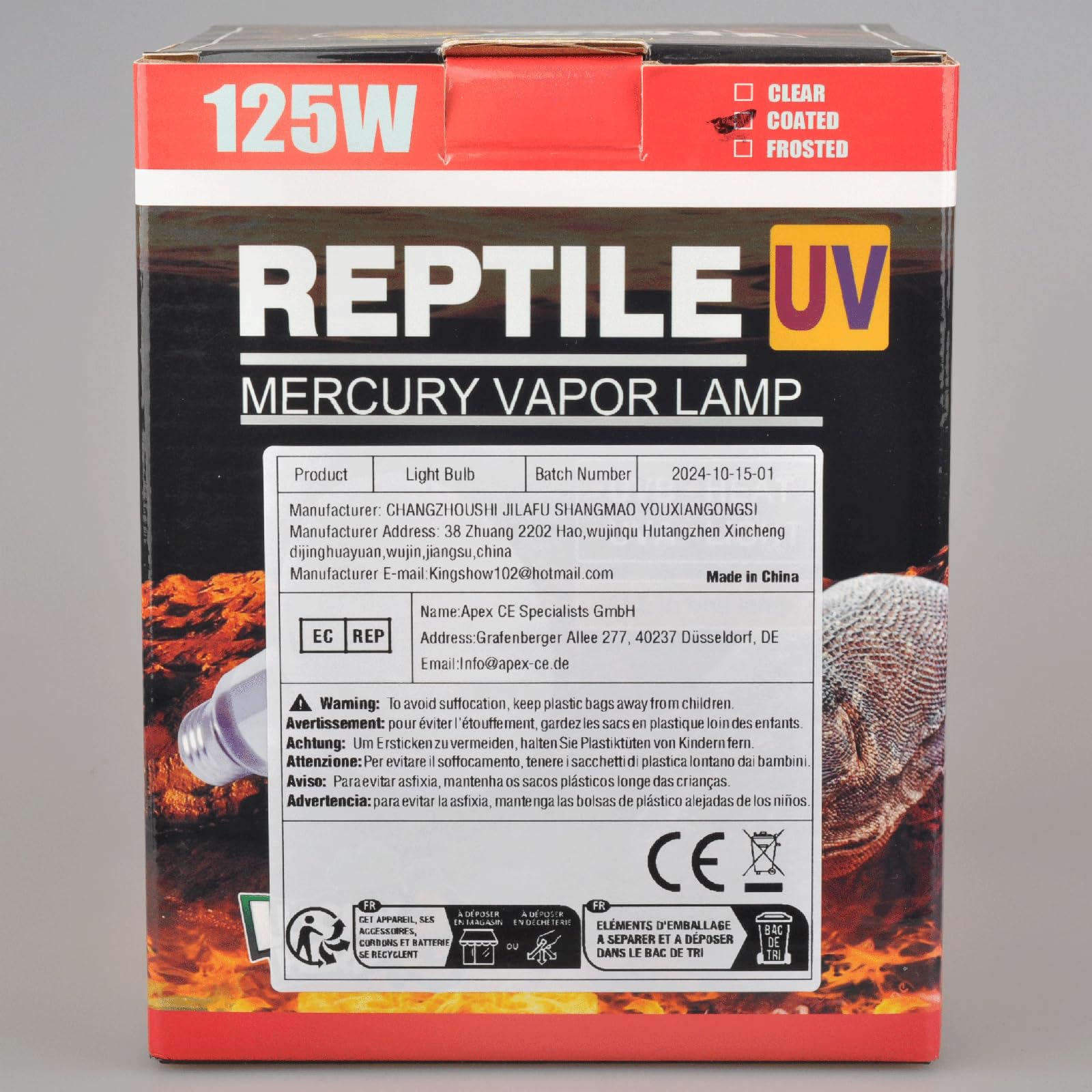 UVA UVB żarówka parowa rtęci dla gadów, R115, 125W, E27, gwint śrubowy (matowy)