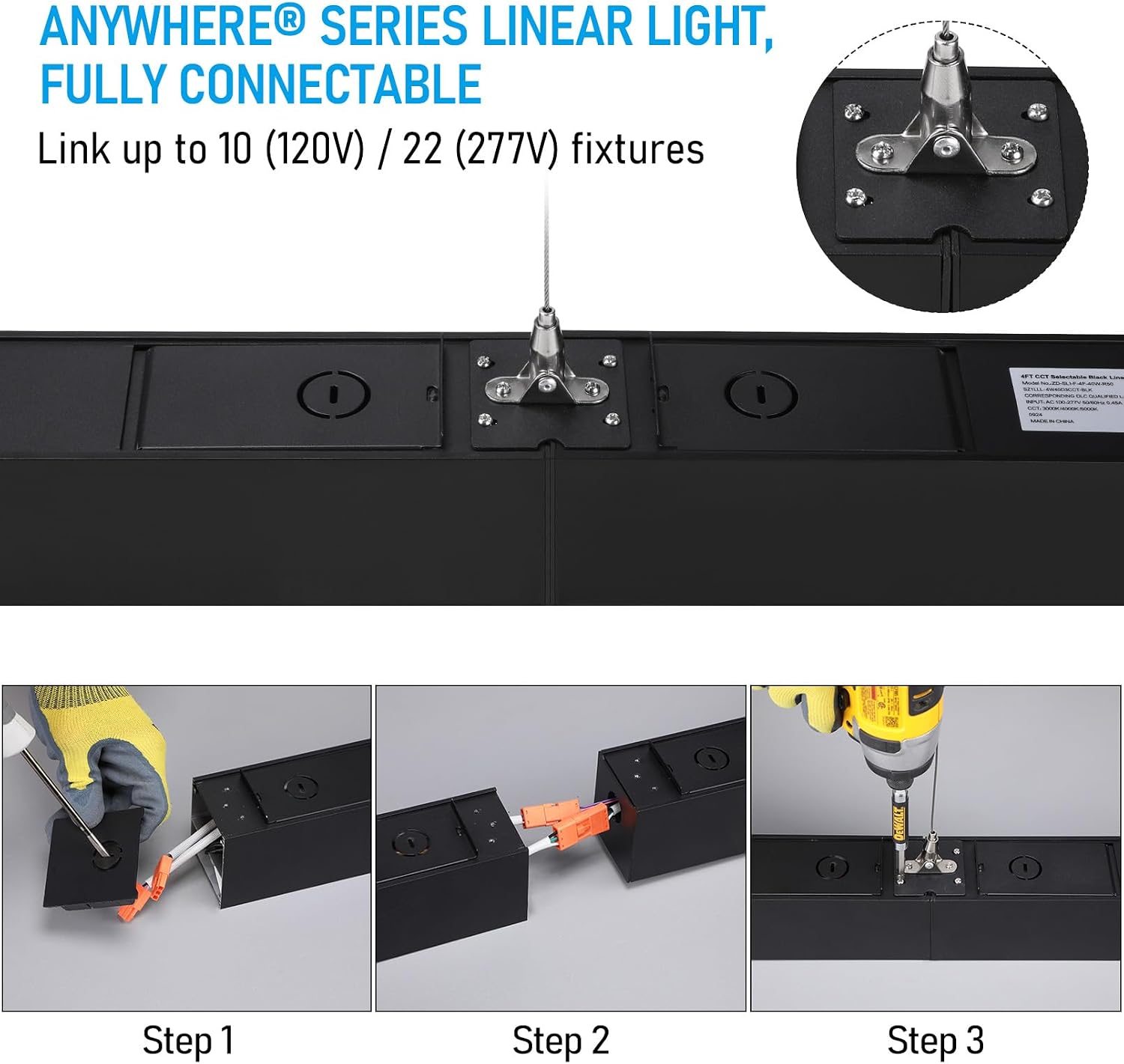 LEONLITE 4FT Linkable Anti Glare Wall Wash LED Linear Light, Asymmetric Lens Commercial Grade Architectural Suspended Lighting Fixture, 100-277V 3CCT, ETL Listed, Aluminum Housing, Black, Pack of 2