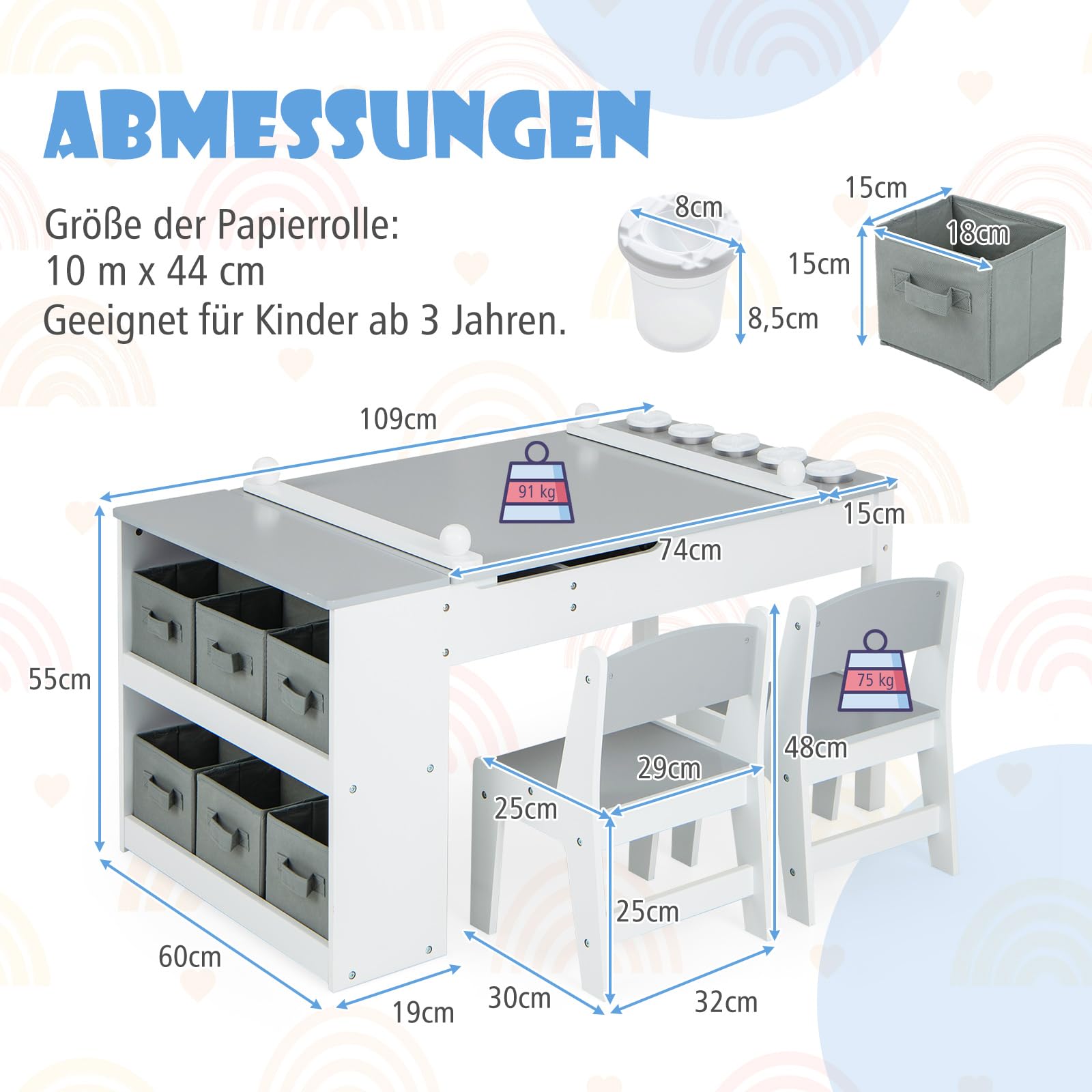 COSTWAY Kindertisch mit 2 Stühlen, 3 in 1 Aktivitätstisch & Staffelei Holz mit anhebbarer Tischplatte, Farbbechern, 6 Stoffbehältern & Papierrolle, Kindersitzgruppe für ab 3 Jahren, 109x60x55cm, Grau