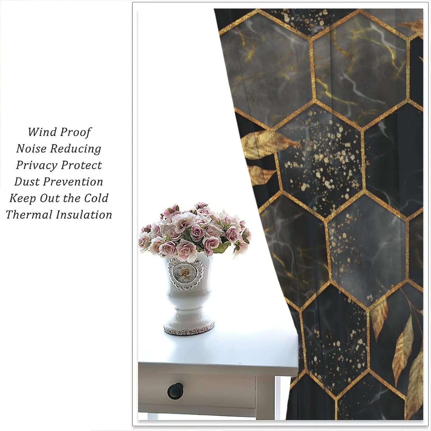 Marble Blackout Curtain,Dark Grey Abstract Geometry Hexagon Pattern Texture Yellow Leaves Art Golden Foil Texture Rod Pocket Curtain for Boys Girls Bedroom Living Room Window Drapes 42" Wx45 L