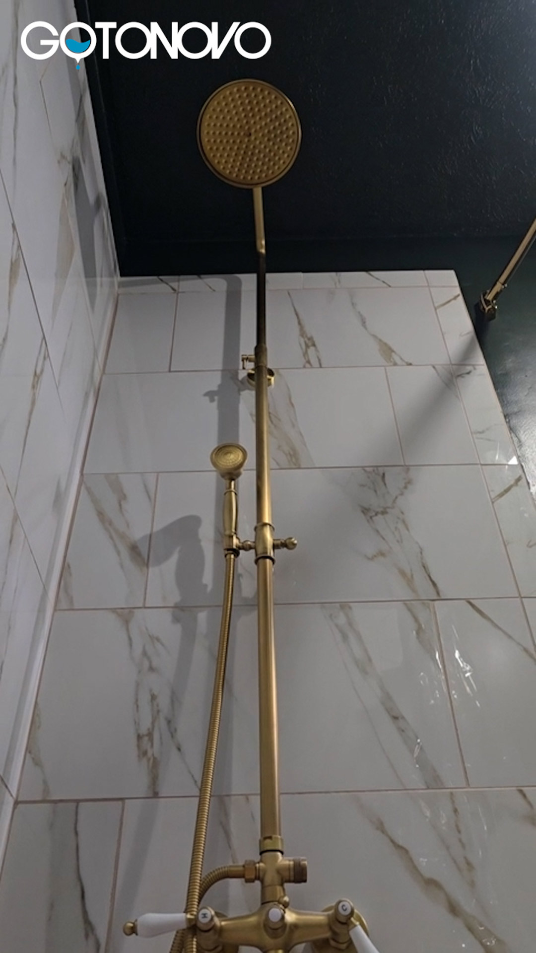 AlenArtWater Wall Mount Antique Brass 8'' Round Shower Head Triple Function Exposed Pipe Shower System Mixer Shower Faucet Sets With 2 Lever Knobs Handheld Sprayer With Tub Spout Aeja1199 - View #9
