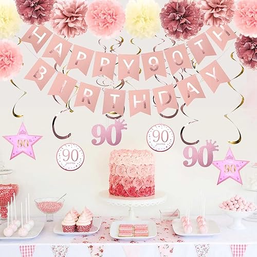 Miniatura 2 de Kit de decoración de fiesta de cumpleaños número 90 de oro rosa, pancarta brillante de feliz cumpleaños, pompones, espirales colgantes brillantes