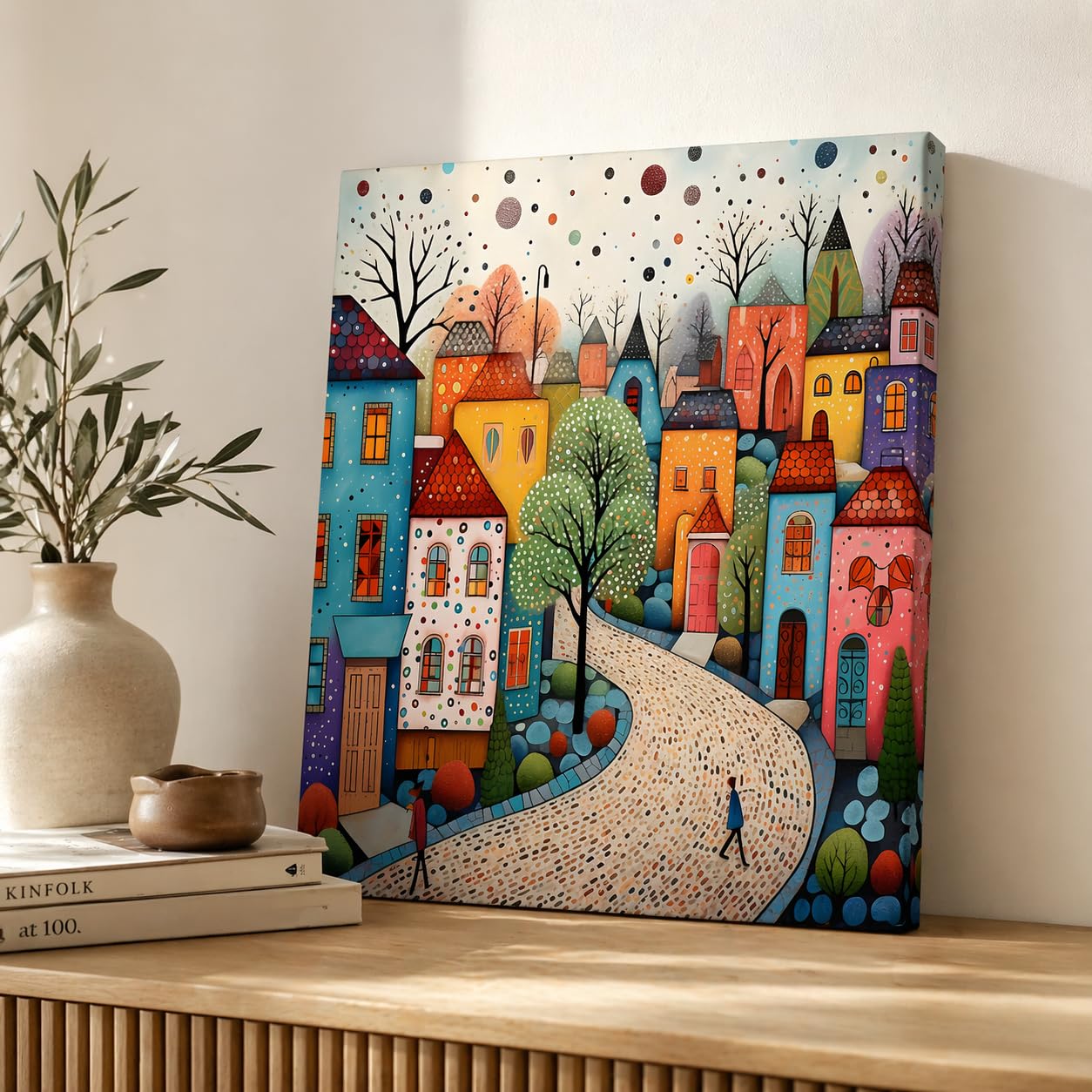 Qiukoo Framed Canvas Wall Art – Colourful Town Artwork, Waterproof Modern Print with Hook, Whimsical Wall Decoration for Living Room, Bedroom Pictures for Wall or Prints for Walls – 12x16 Inch — view 4
