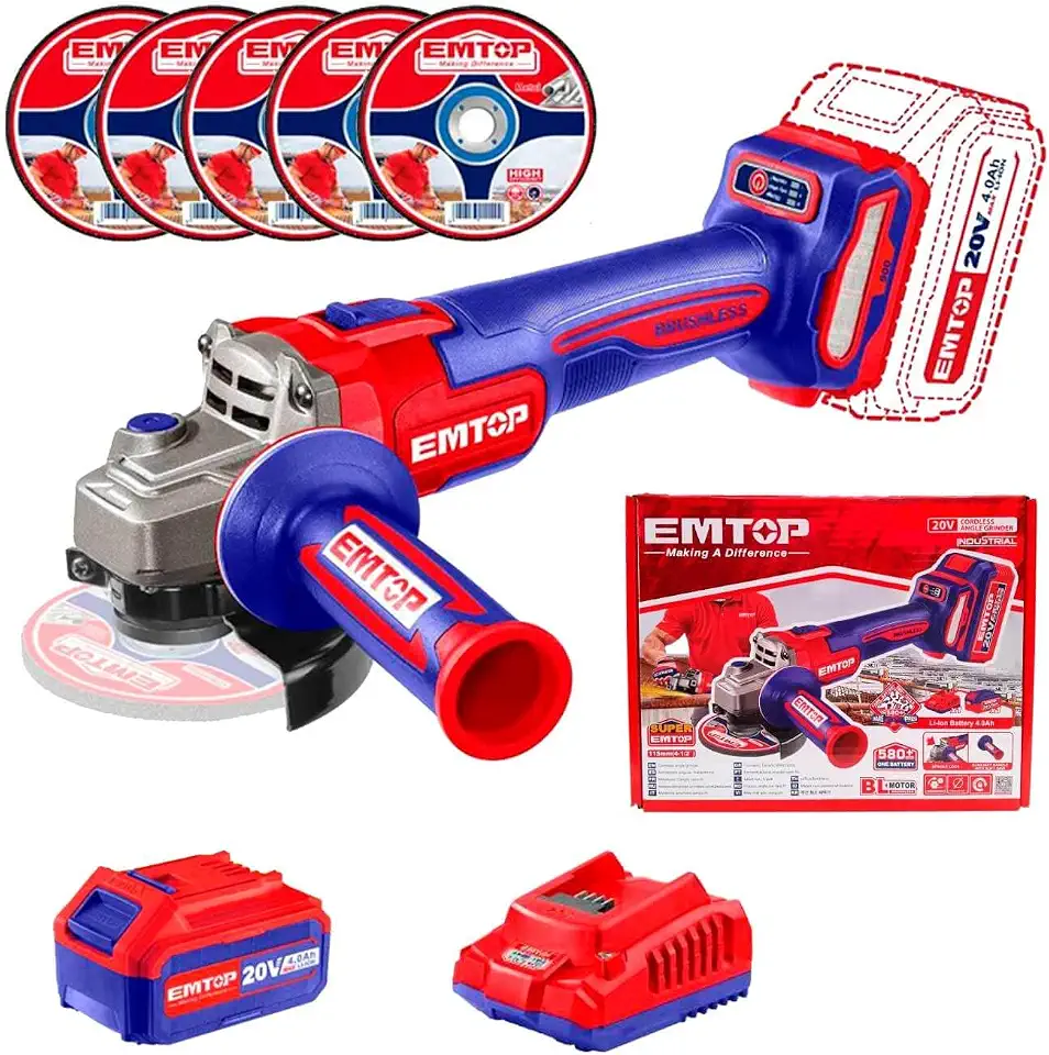 EMTOP Esmerilhadeira Sem Fio 20V 900W com Disco 115 Mm e 1 Bateria 4.0Ah