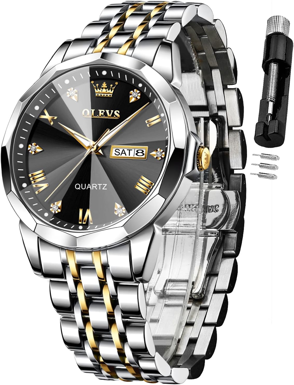 Watch for Men Diamond Business Dress Analog Quartz Stainless Steel Waterproof Luminous Date Two Tone Luxury Casual Wrist Watch, black gold watch for men (YPF-S-G9931GJ-JH)