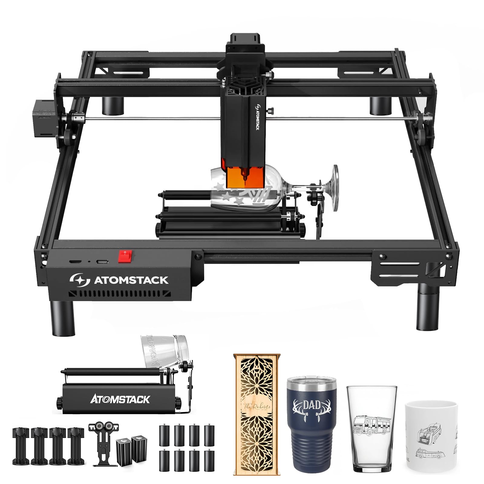 ATOMSTACK A20 PRO V2 Laser Graviermaschine 120W mit R3 Pro Laser Rotationswalze, 20W Ausgangsleistung hohe Genauigkeit Laserschneider & Gravurgerät für DIY Holz Metall Acryl Leder