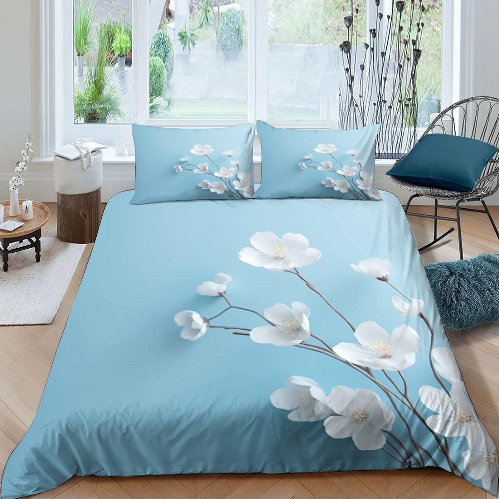 Housse de couette bleu 200x200 cm IOFEER pour une chambre parentale printanière et fraîche