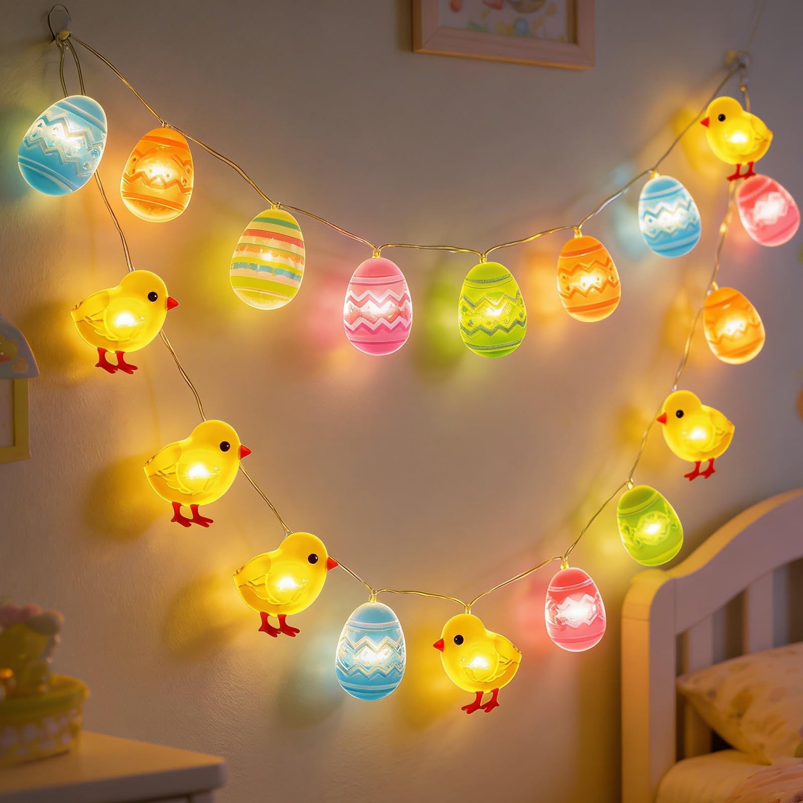 Weiongppy Lichterkette Ostern Batterie, 2M 20 LED Osterküken und Ostereier Lichterkette, Süße Osterküken Lichterketten Osterdeko Innen für Hochzeit, Kinderzimmer und Party - Warmweiß