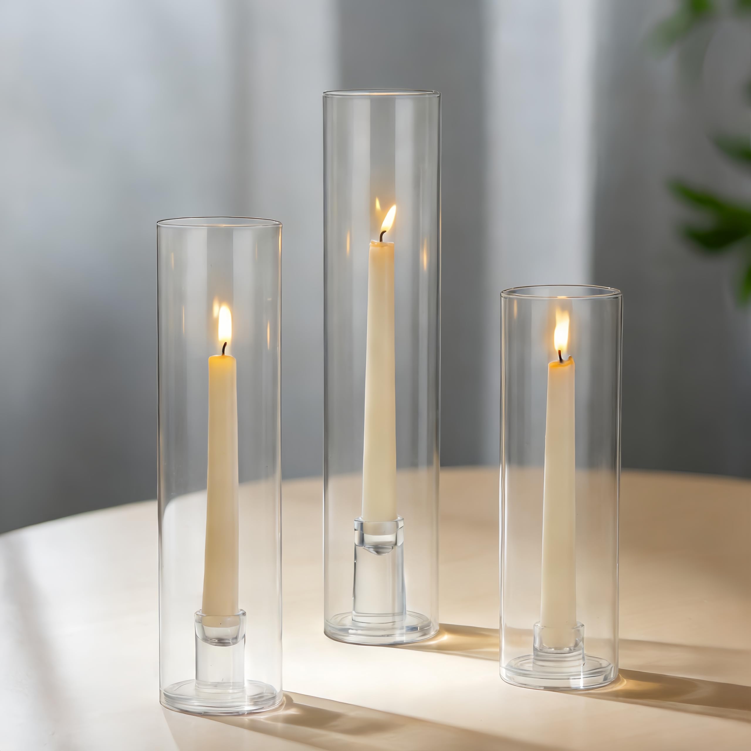 Glasseam Hurricane Glass Candlestick Holders: Set of 3 Taper Candle Holder with Cylinder Shade Tall Candle Sticks Holder for Table Centerpiece Outdoor Wedding Home Decor 25cm/30cm/35cm