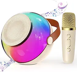 JYX Mini Karaokê Infantil, Caixa de Som Bluetooth Portátil com Microfone Sem Fio, Luzes LED Embutidas, Ideal para Exterior, Festas e Presentes,para Meninas e Meninos de 4~12+ Anos (Bege, 1 Microfone)