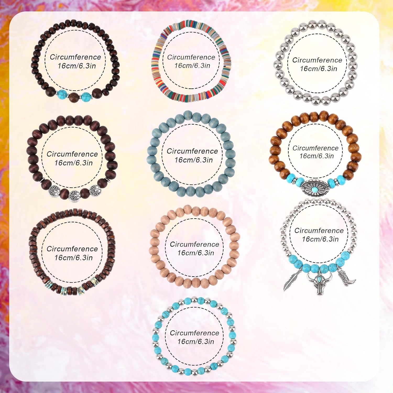 10pcs Western Bracelets for Women, Turquoise Bead Boho Bracelets with Pendants Cowgirl Jewelry for Layering Bohemian Country Accessories - Image 2