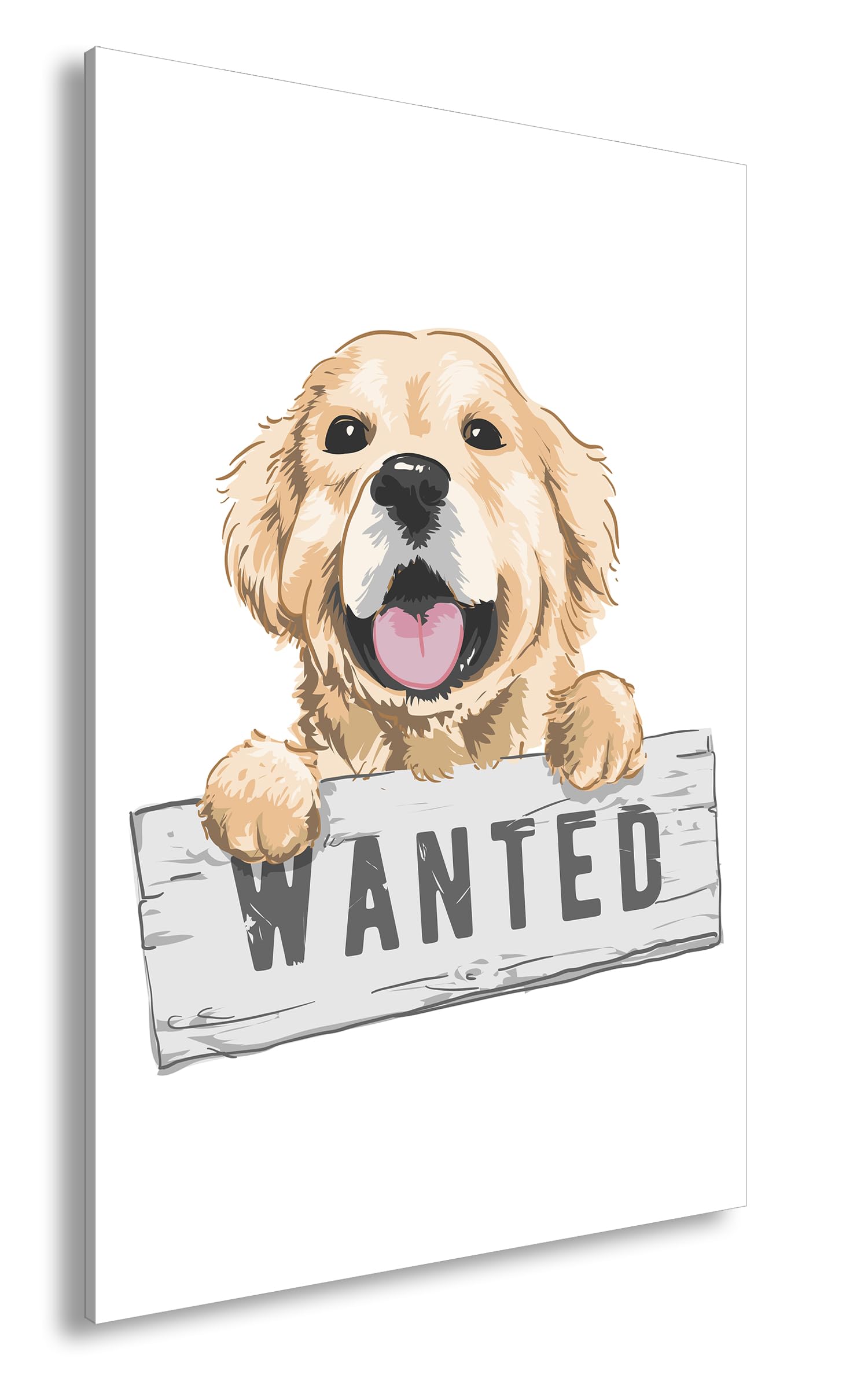 deyoli Obraz na płótnie Golden Retriever halten Wanted tabliczka ilustracja słodki pies format: 90 x 60 cm XXL druk artystyczny obraz na blejtramie/obraz ścienny/dekoracja salonu