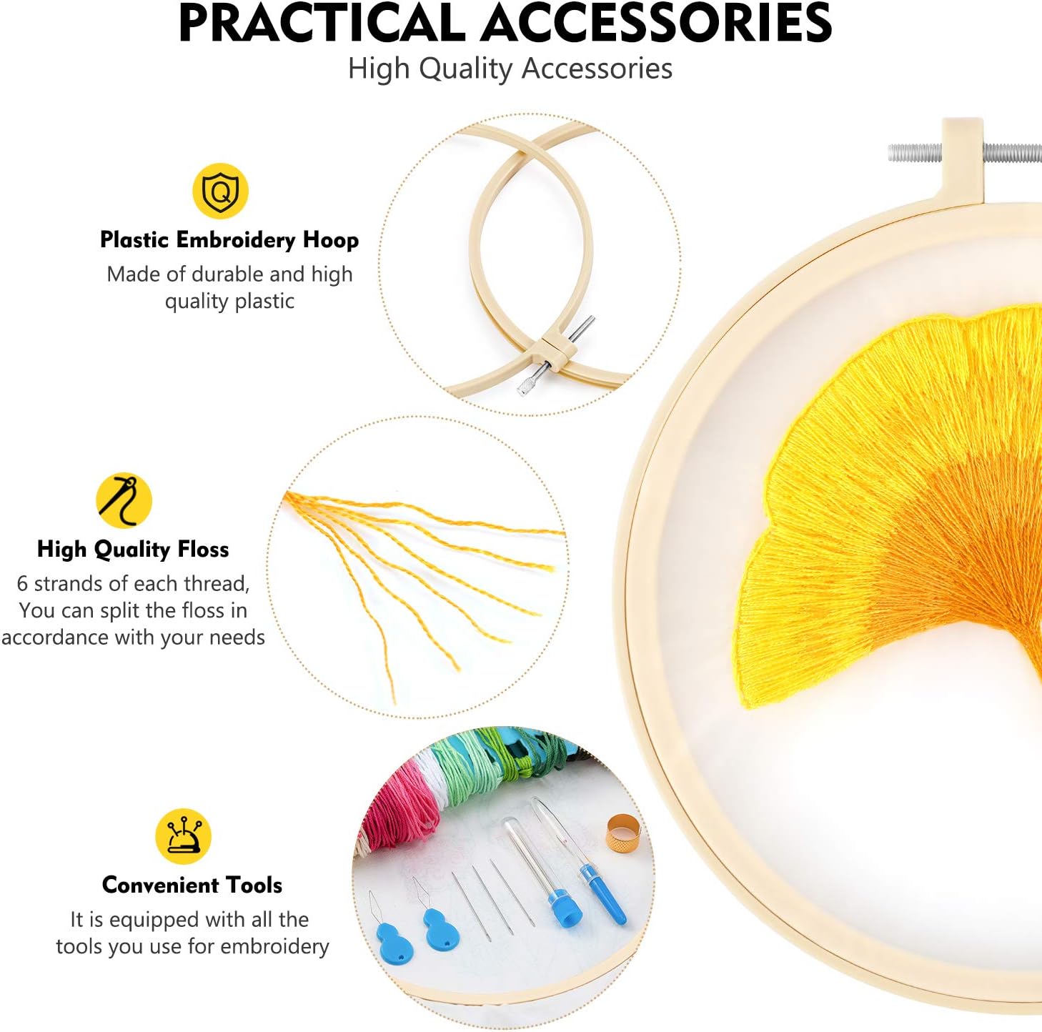 Magicfly 4 Sets Embroidery Starter Kit with Pattern and Instruction, Cross Stitch Needlepoint Kit with 4 Embroidery Clothes, 4 Plastic Hoops, Color Threads and Tools for Beginner, Adults