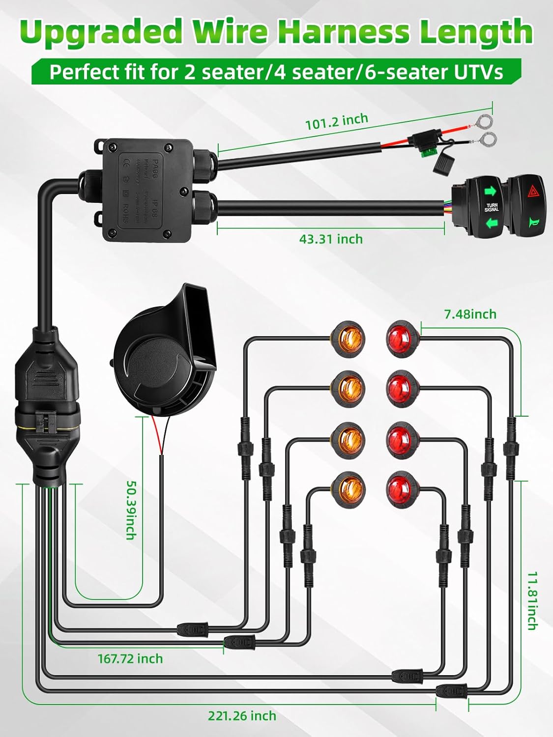 UTV Turn Signal Kit, Pre-Wired, Plug and Play Universal Street Legal UTV Blinker Kits with Rocker Switch, Hazard Light, 110D Horn, Compatible with Polaris, Can-Am, Kawasaki, CFMOTO