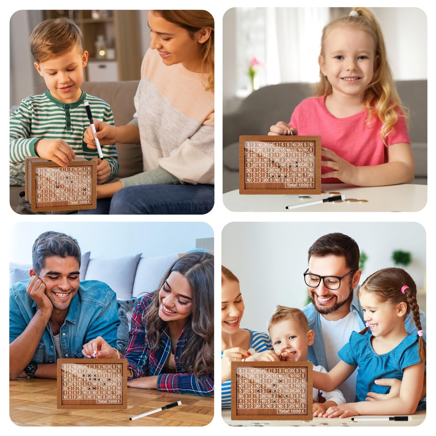 Tirelire En Bois Réutilisable Avec Objectifs Gravés - 8 Autocollants + Stylo Effaçable - Cadeau Épargne Enfants & Adultes