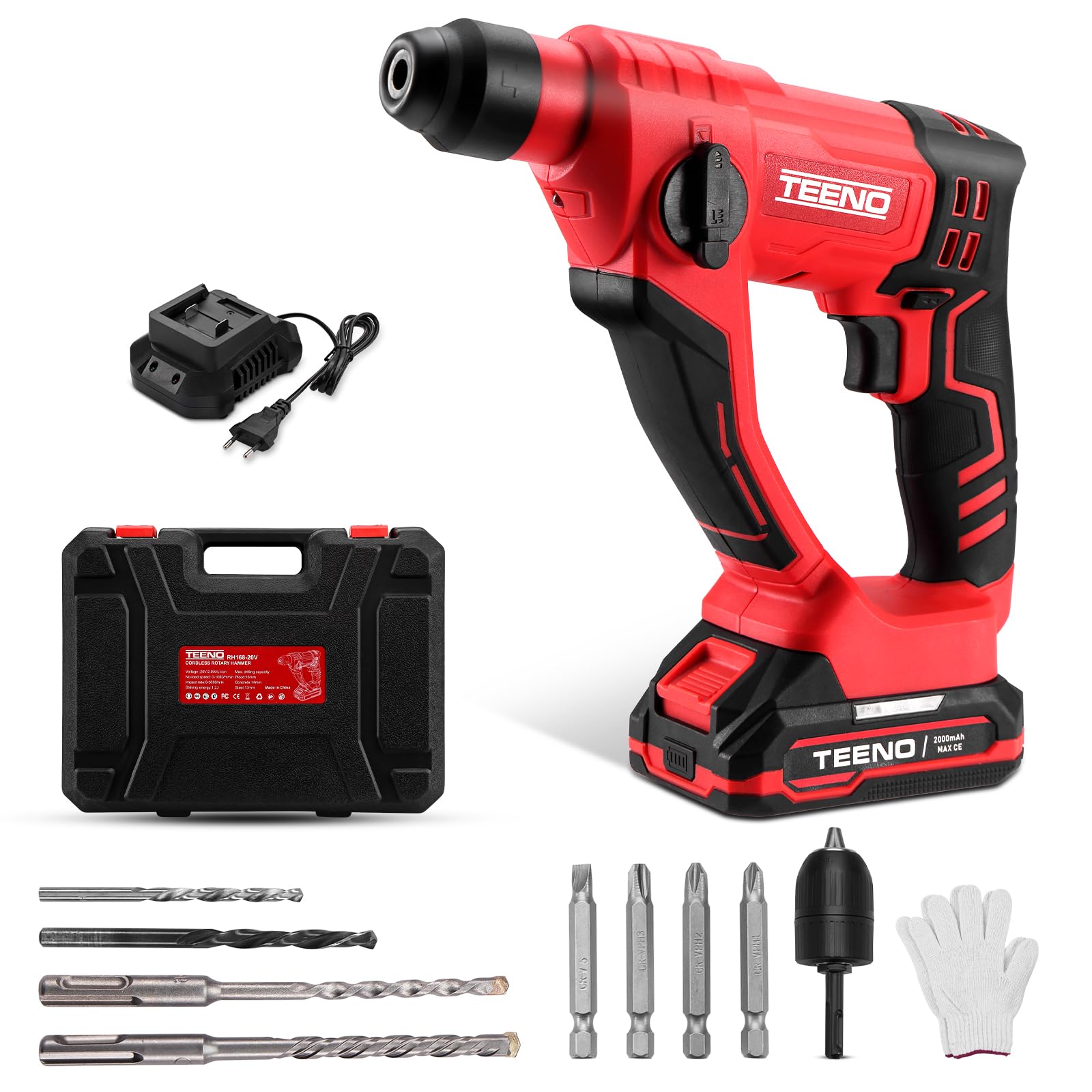 TEENO Taladro Percutor a Bateria, Martillo perforador bateria SDS-Plus con 0-1150RPM/5100BPM ，1.2J impacto con 1 x 2Ah batería y maletín de transporte para hormigón, acero y madera