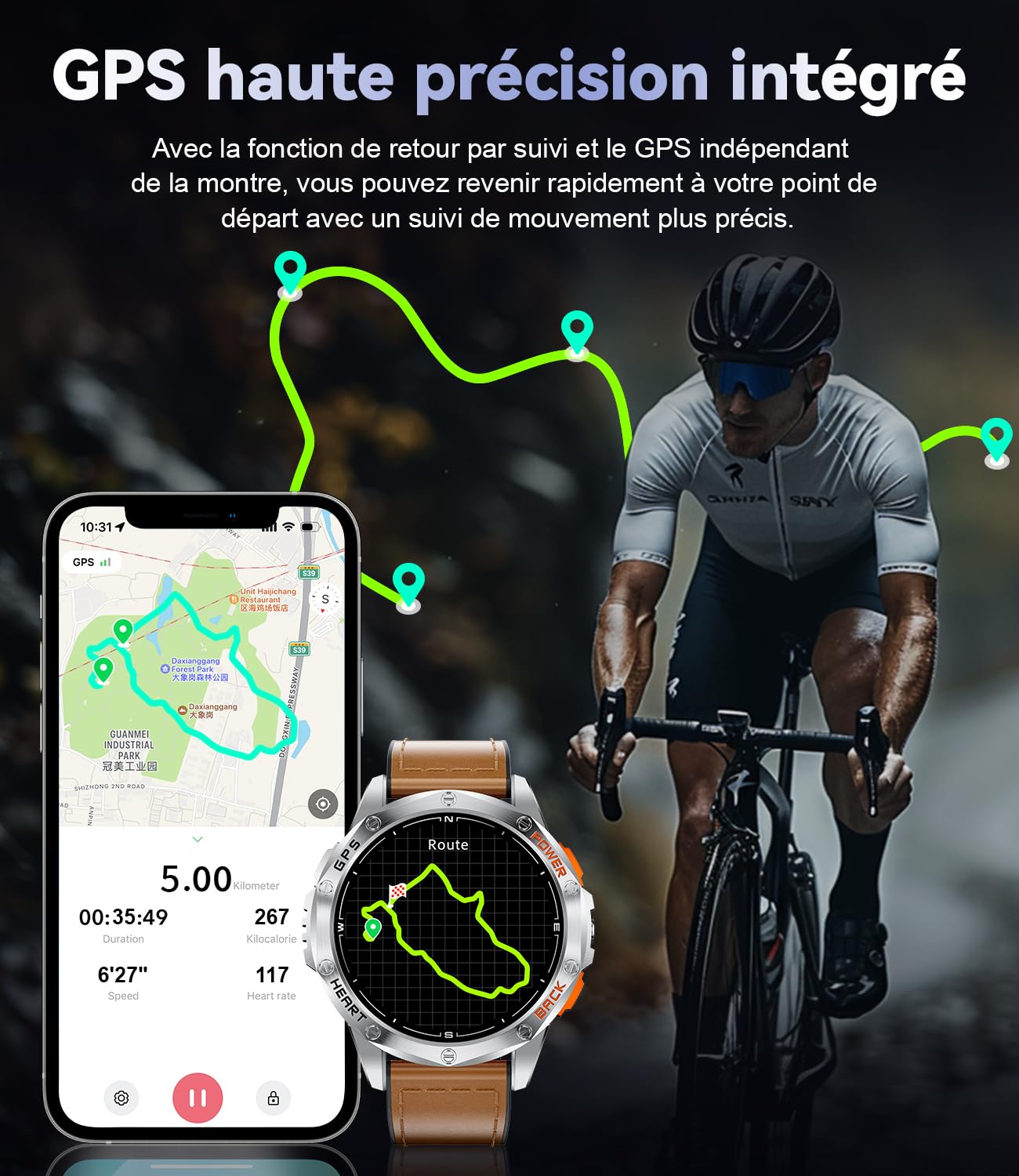 Montre Connectée 48mm 1,43" AMOLED 10ATM Étanche Militaire avec Baromètre, Boussole, Fréquence Cardiaque, SpO2, Sommeil, 530mAh Batterie pour Android iOS