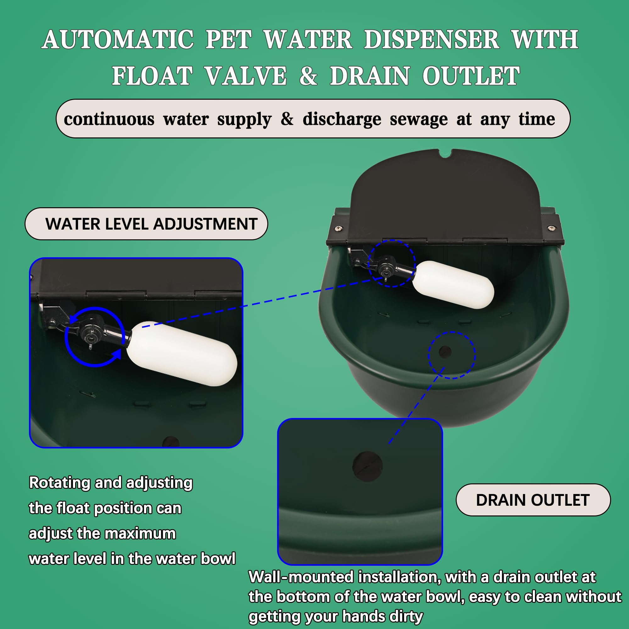 Distributore automatico di acqua per cani con foro di scarico e valvola di scarico, ciotola per acqua per cani da 1 gallone, con valvola galleggiante, raccordo a collegamento rapido, per