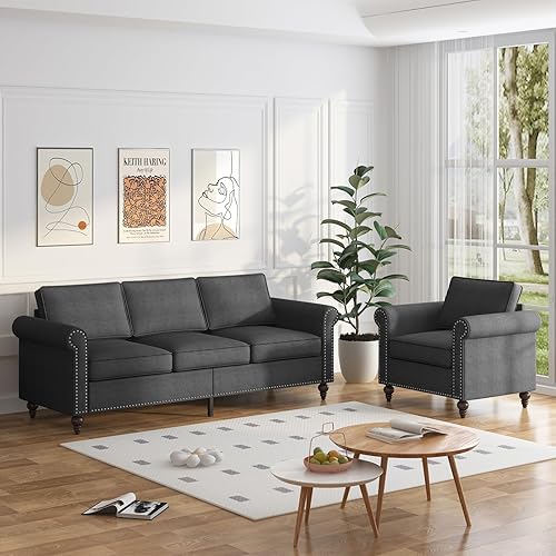 Miniatura 14 de Mjkone - Juego de sofá de 3 piezas para sala de estar, sofá seccional moderno y sofá cama con forma de calabaza, patas de madera, tela de lino