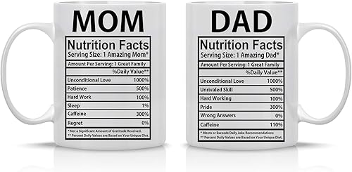 AW Fashions Mom & Dad Nutritional Facts - Juego de tazas de café divertidas de cerámica blanca de 11 onzas para marido y esposa, él y ella, regalo