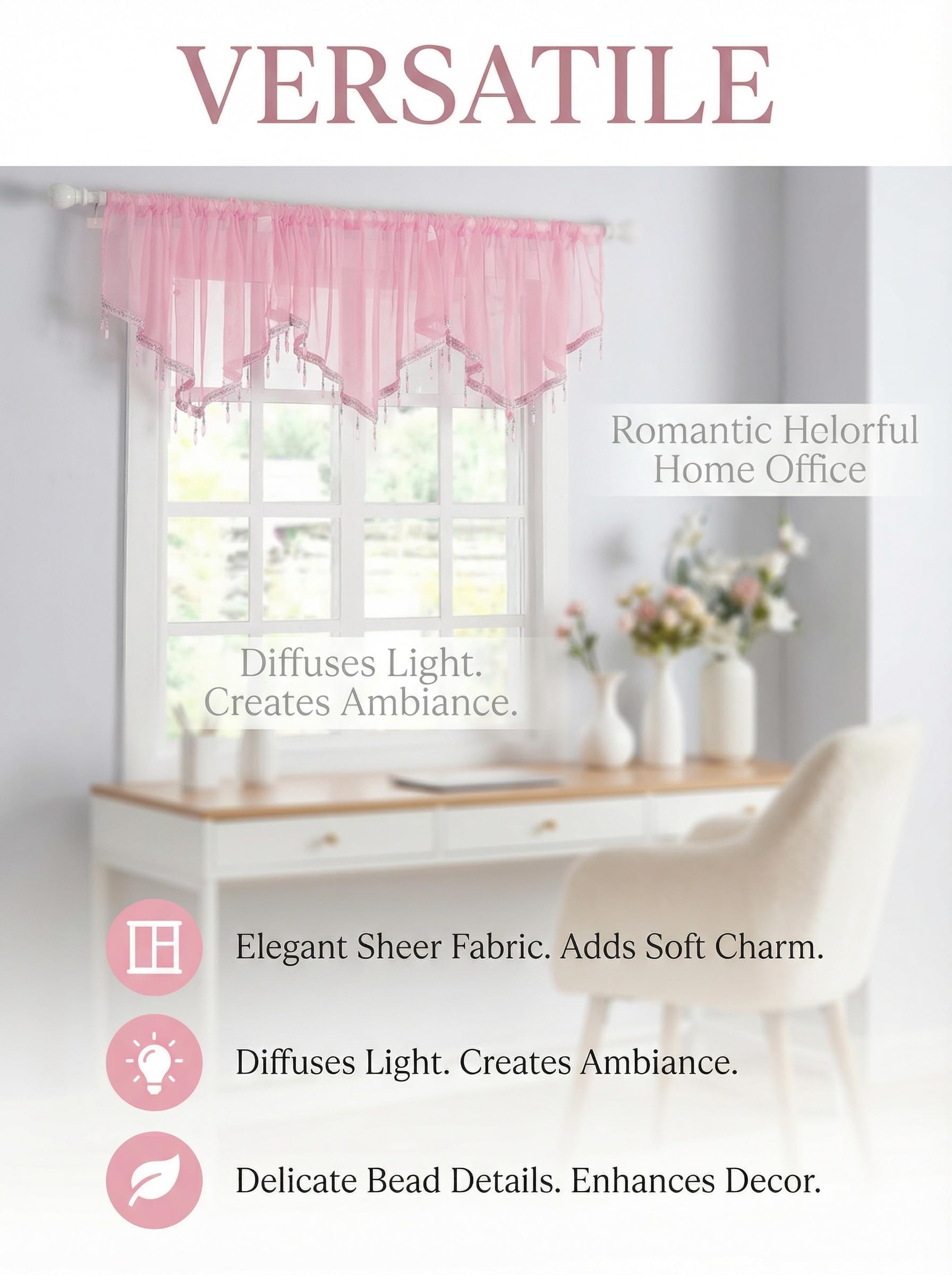 Molaxhome Swag Curtain Scalloped Curtain Valance Drape Sheer Lace Panel 1pc, Pink, W 51.2" x L 23.6" (1 Panels) - Image 4