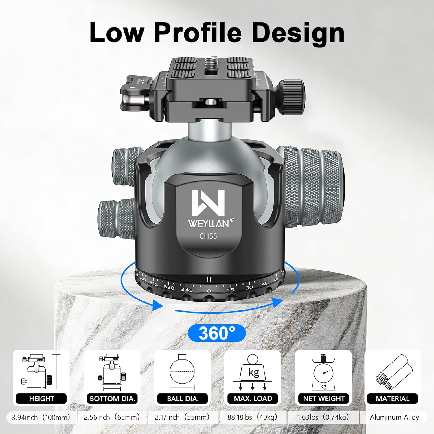 WEYLLAN CH55 Arca Ball Head Mount with Lever Release, 55mm Low Profile Heavy Duty Tripod Ball Head with Mlok Rail Arca Swiss Quick Release Plate for Hunting & Photography, Camera Head Load 88lbs/40kg