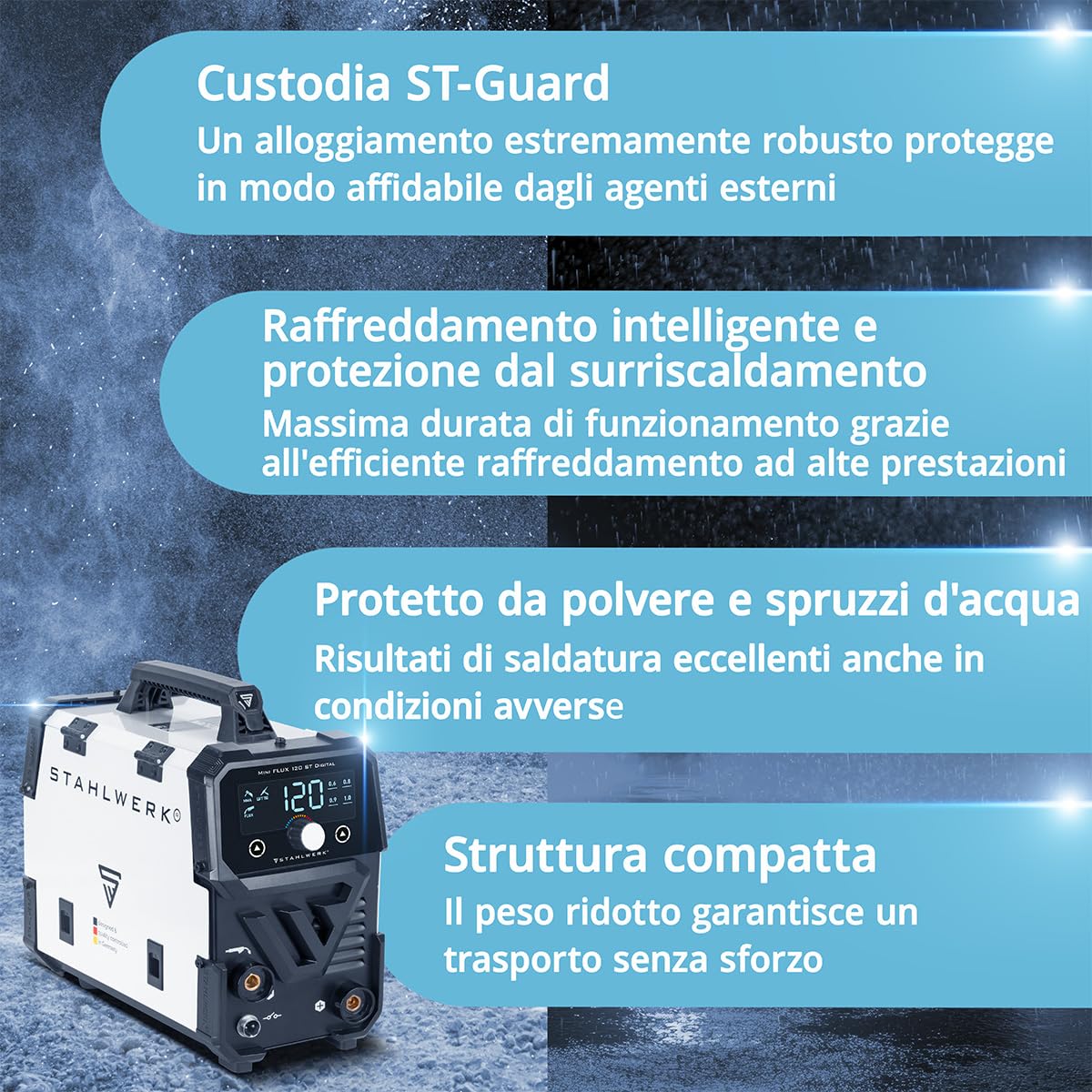 STAHLWERK Saldatrice Mini FLUX 120 ST Digitale – Saldatura a filo animato (FLUX) senza gas fino a 120 A, compatta, avanzamento sinergico e luce LED, Lift-TIG e MMA