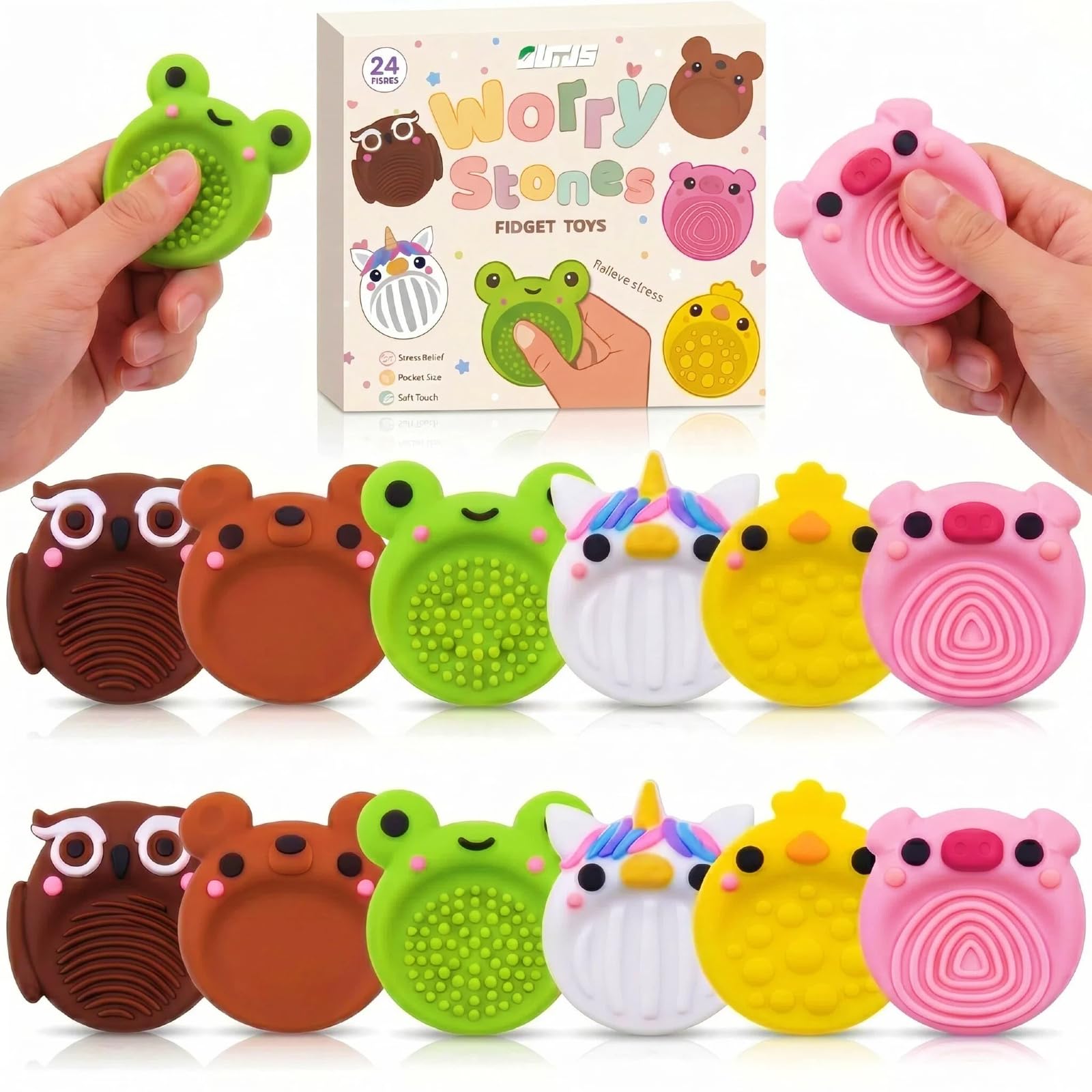 Outus 12 Pcs Worry Stones Fidget Sensory Toys Set Cute Animal Shaped Silicone Textured Stress Relief Stone with Box for Autism ADHD Kids Calming Fidget Toys for Adult Kids Students Classroom Prizes