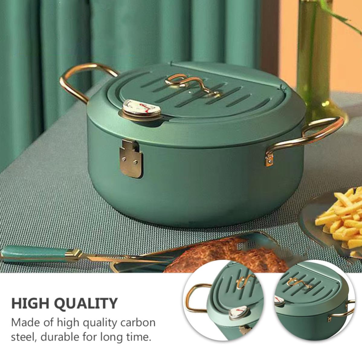 Pentola Frittura Mini in Acciaio al Carbonio Verde con Termometro