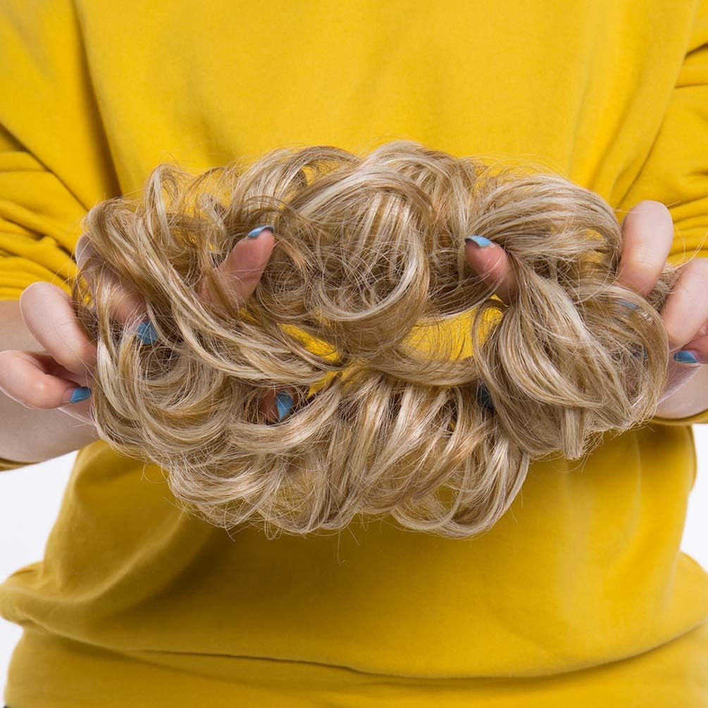 Messy Hair Bun Synthetic Extension Scrunchy Donut Curly Wavy Updo Elastic Scrunchie Thick Full Wedding Hair Pieces Bridal Hairpiece Easy Bun Updos Chignon Coffee Brown mix Bleach Blonde - Image 4