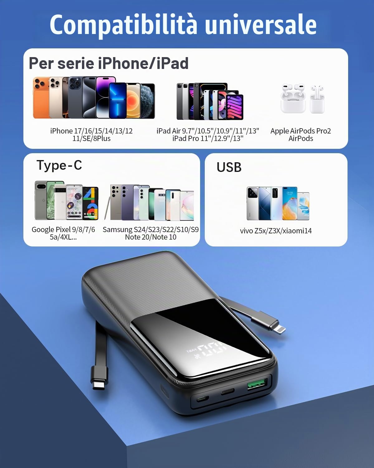 Power Bank Carica Rapida, 26800mAh Caricatore Portatile, Nero Opaco | Cavi Integrati USB-C&iOS, Carica 4 Insieme, Display LED, Powerbank 22.5W Compatibile con iPhone 17/16 Android, TSA Approvato