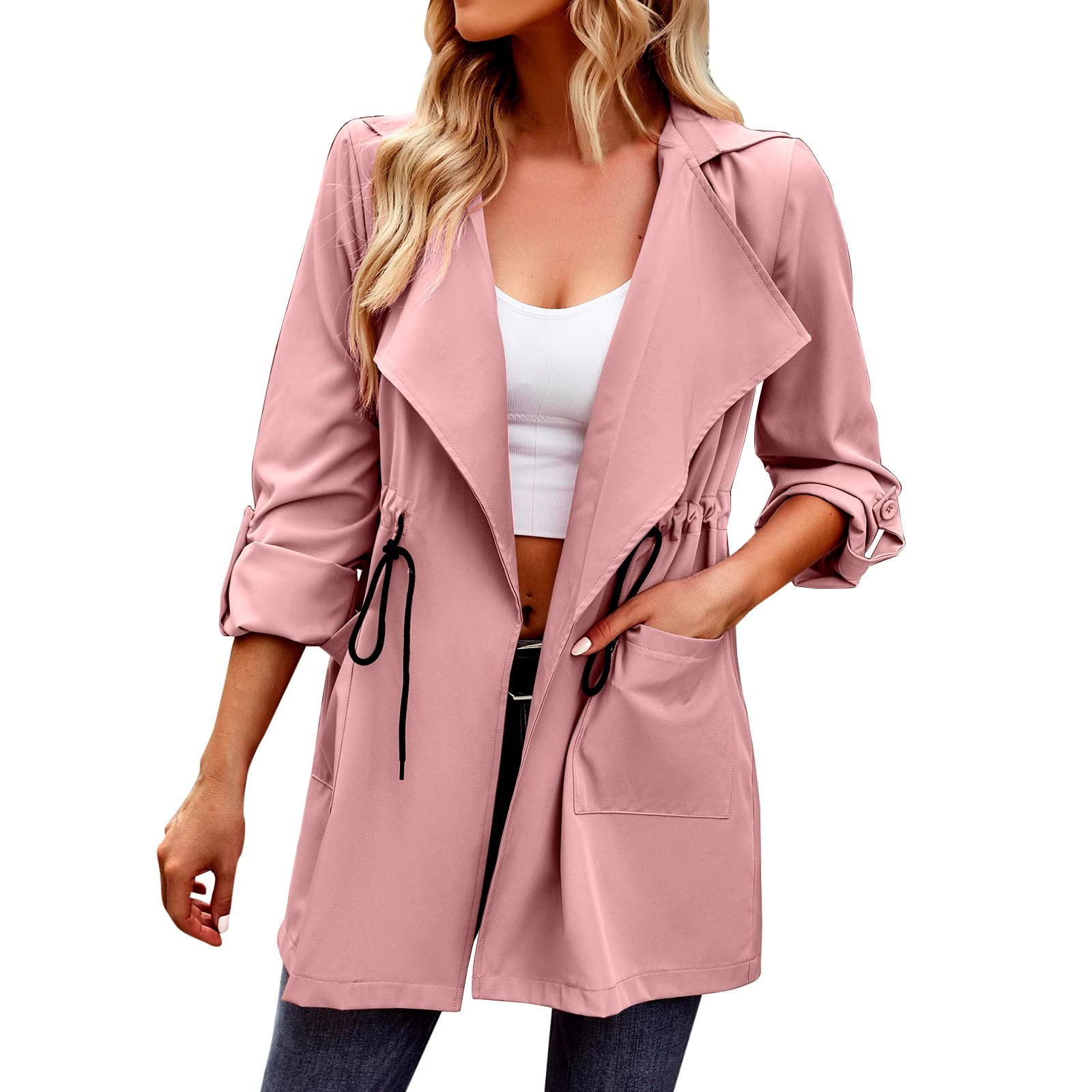 Generisch Giacca invernale da donna con coulisse, stile classico, scollo a V, cappotto sottile con trench senza cappuccio