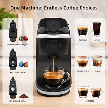3 in 1 Coffee Pod Machine, 19 Bar Espresso Coffee Machine Compatible with Nespresso Original, Dolce Gusto and Ground Coffee, Programmable Cup Volume for Home Office, Essential