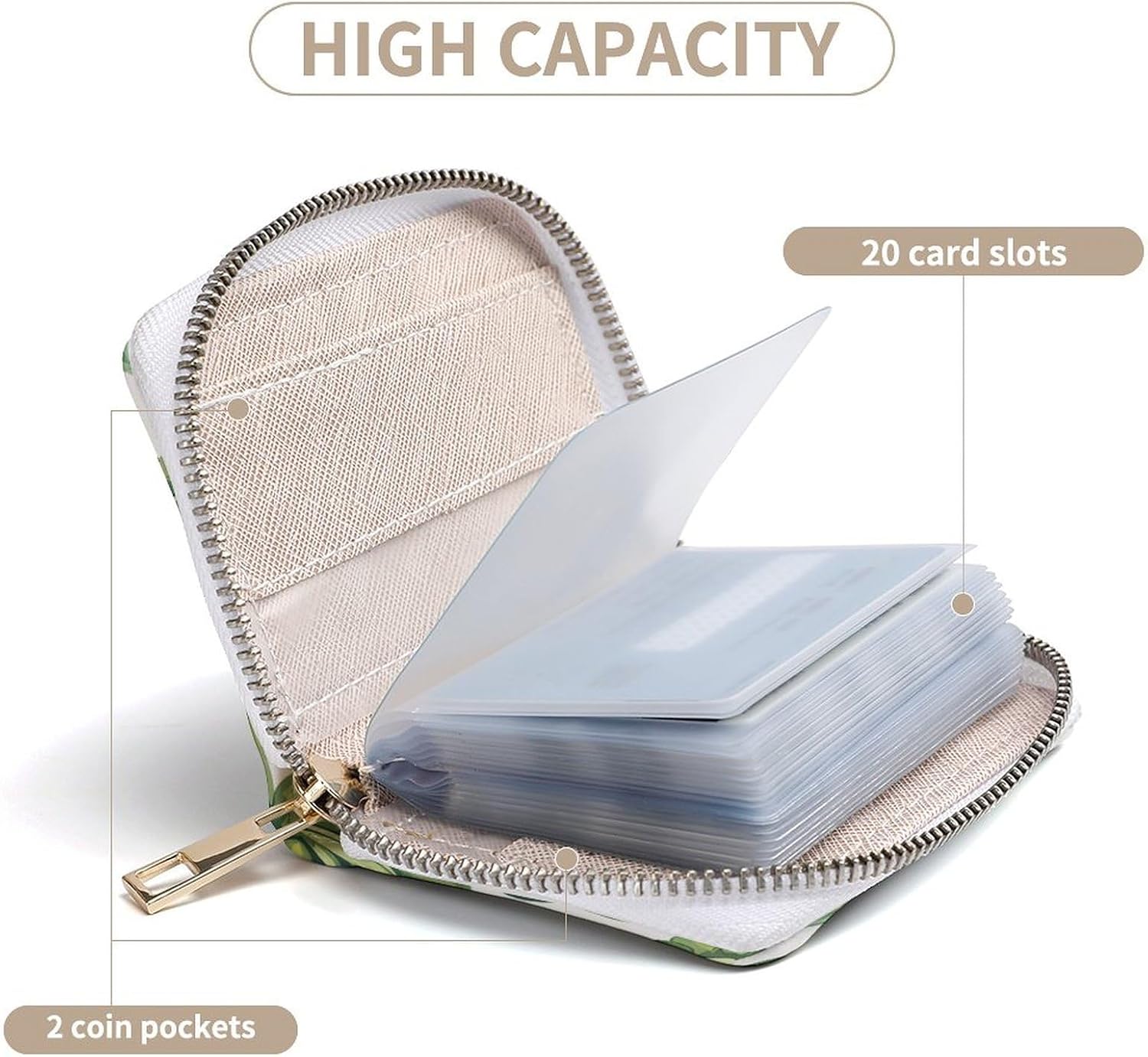Leather Card Organizer Case Card Wallet Credit Card Holder Green Succulent Pattern Printed Zipper Card Cases Holder for Women Men
