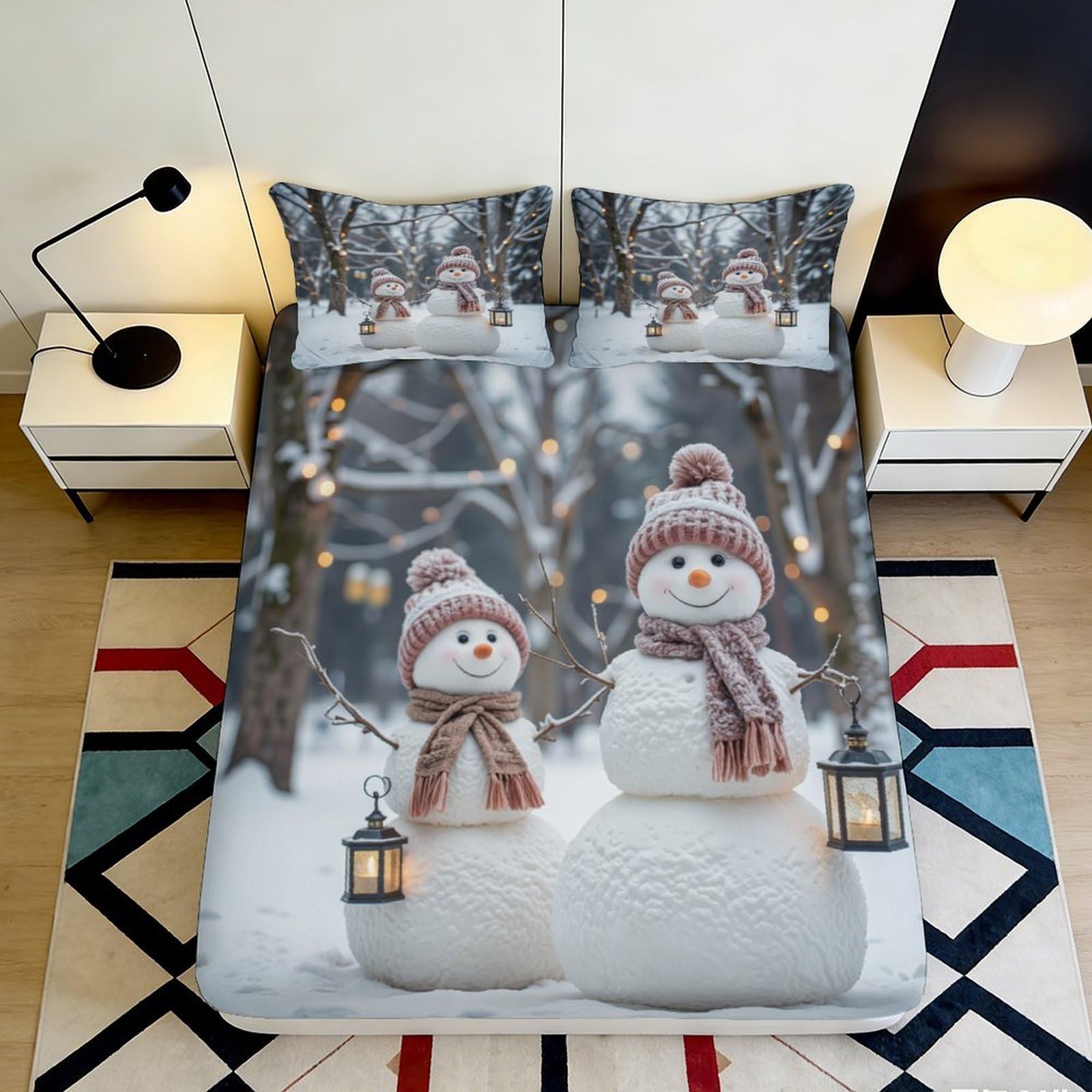 3D Printed Snowman Winter Scene Fitted Sheet Microfiber Soft Anti-Slip Bed Cover for Bedroom Guest Room Decor 160x200x25cm