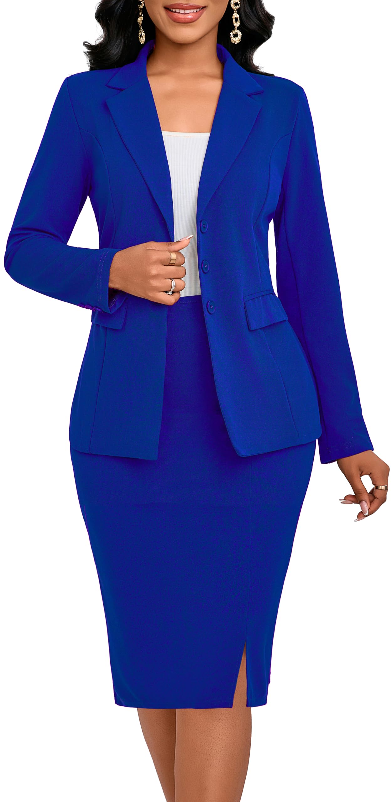 SxClub Women's Two Piece Business Suit Blazer Jacket & Skirt Set, Royal Blue, S, SC6291