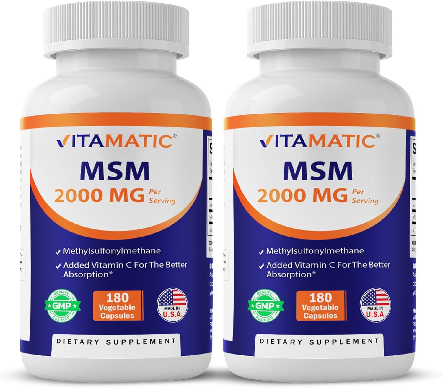 Vitamatic MSM 2000 mg with Vitamin C 75mg per Serving - 180 Veg Capsules - Vitamin C Aid in Better absopriton of MSM (Methylsulfonylmethane) - Non-GMO & Gluten Free-2 Pack