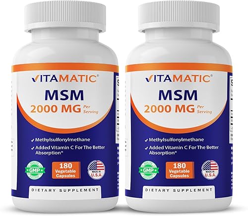 Vitamatic MSM 2000 mg con vitamina C 75 mg por porción, 180 cápsulas vegetales, ayuda de vitamina C en un mejor absopritón de MSM