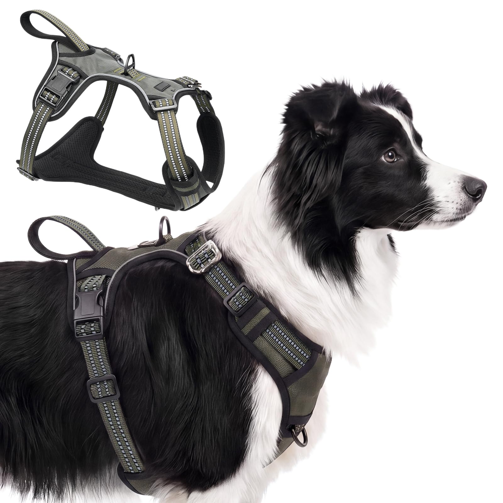 Olcyren Dog Harness for Small Medium Large Dogs, No Pull Adjustable Soft Padded Dog Harness with Handle, Anti Pull Reflective No-Choke Breathable Pet Harness with Front Back Clips (Army Green, L)