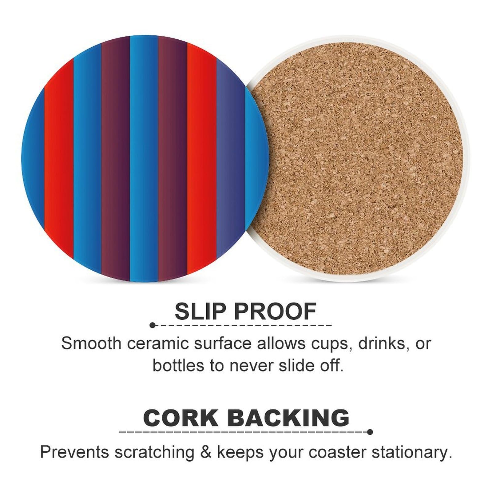 Sottobicchieri verticali rossi e blu con supporto per tavolino da caffè, sottobicchiere in ceramica con base in sughero, sottobicchiere in pietra in ceramica per bevande fredde o calde, 10 cm
