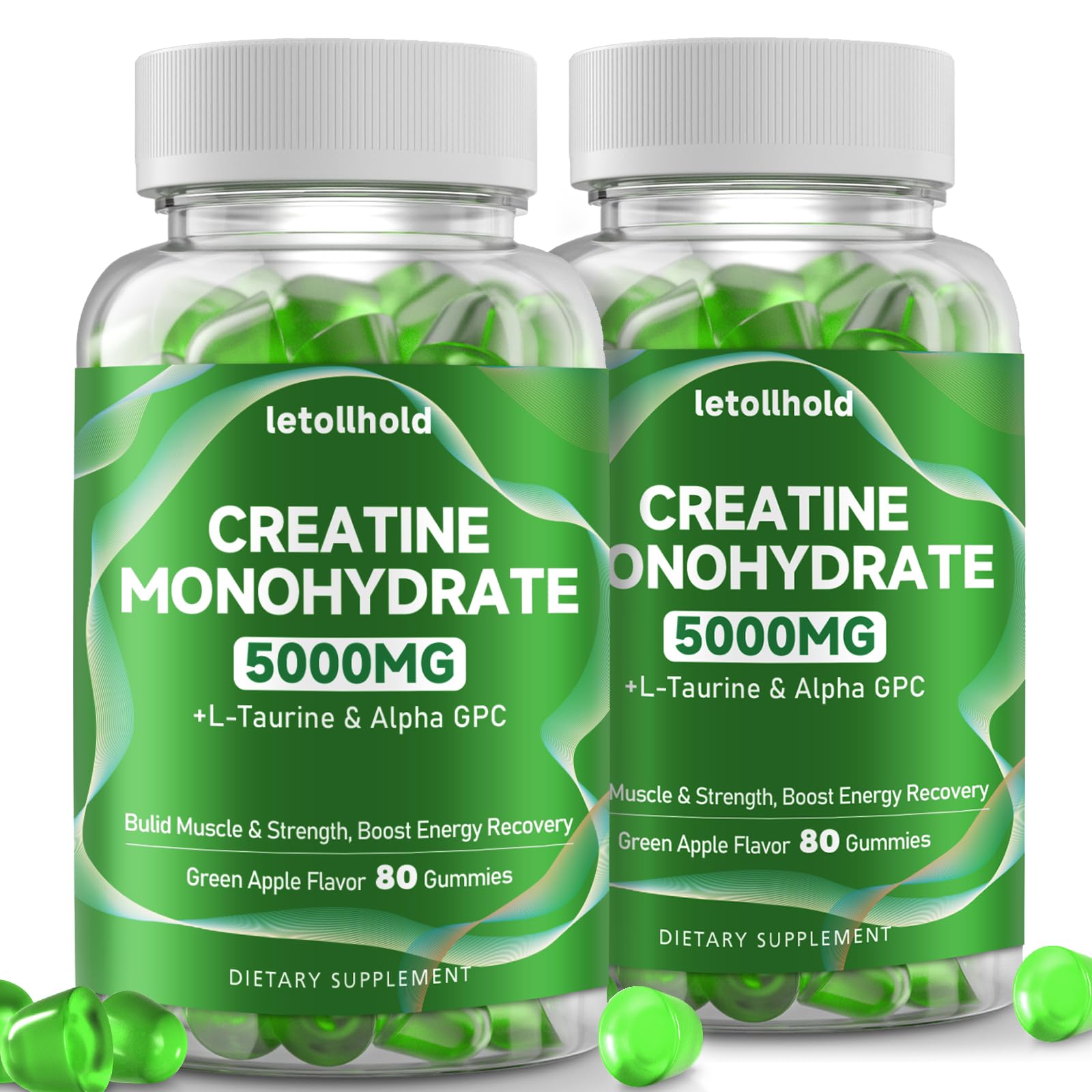 2-Pack Creatine Gummies for Women＆Men - 5g Creatine Monohydrate Gummies with L-Taurine & Alpha Gpc for Boost Focus, Endurance, Strength, and Muscle Growth - Vegan, Non-GMO (Green Apple, 160 ct) Green Apple 80 Count (Pack of 2)