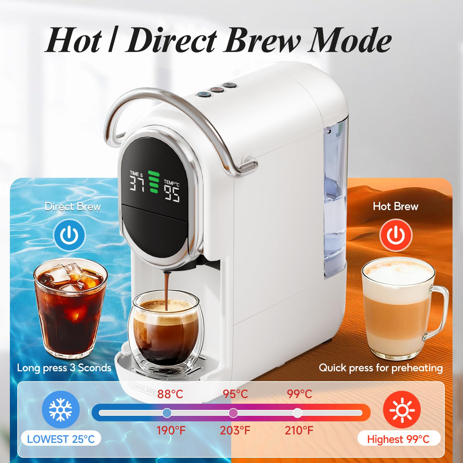 CAFELFFE MK-609S - Macchina da caffè a capsule, 6 in 1, 7 impostazioni dell'acqua e funzione di infusione calda/fredda, 19 bar, compatibile con NES Original/DG/ESE/capsule K-Cup/tè/caffè macinato