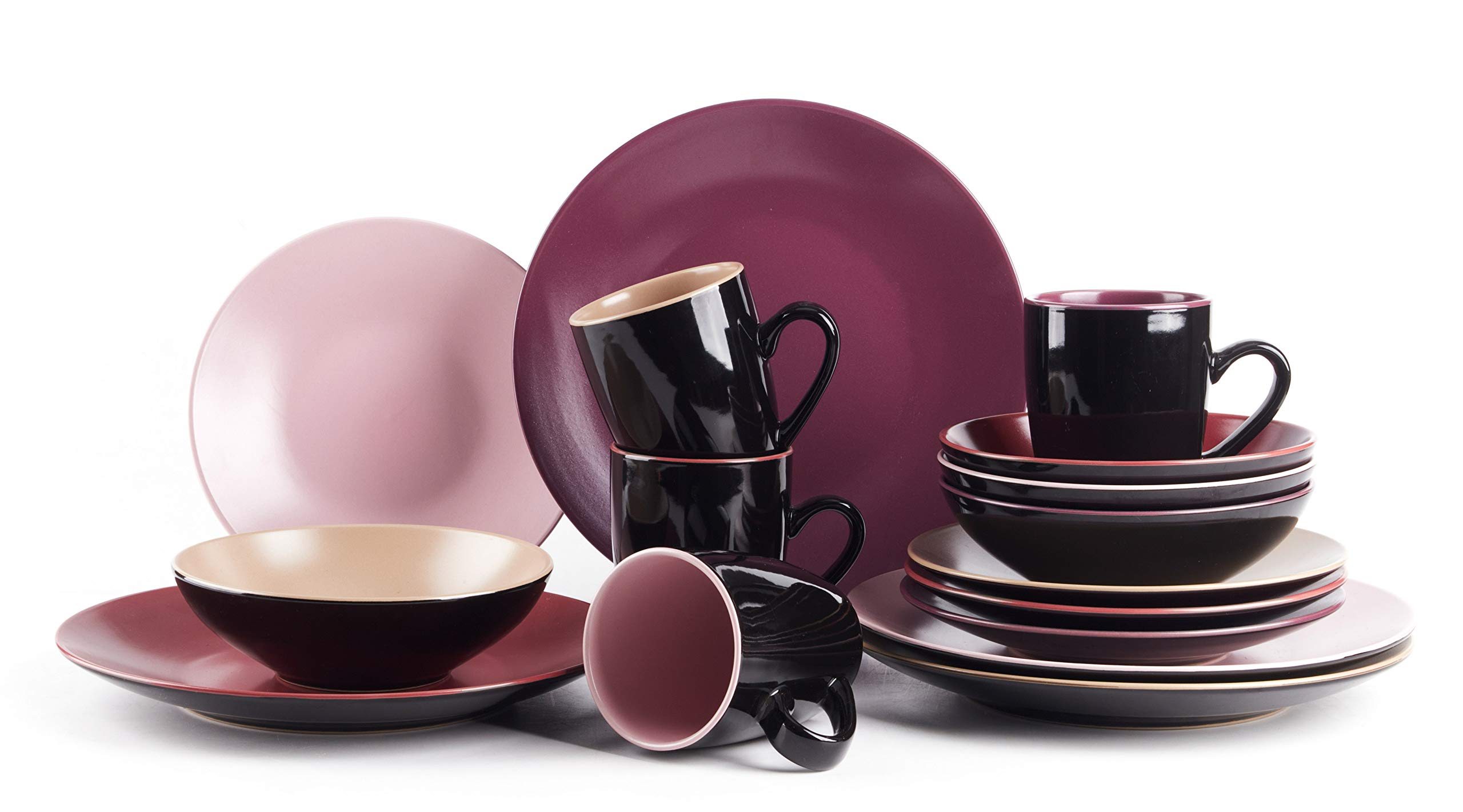 HomeVss Colors Life 16pc Dinnerware Set，Very Berry - 4 Assorted Colors Beige, Berry, Plum, and Rose