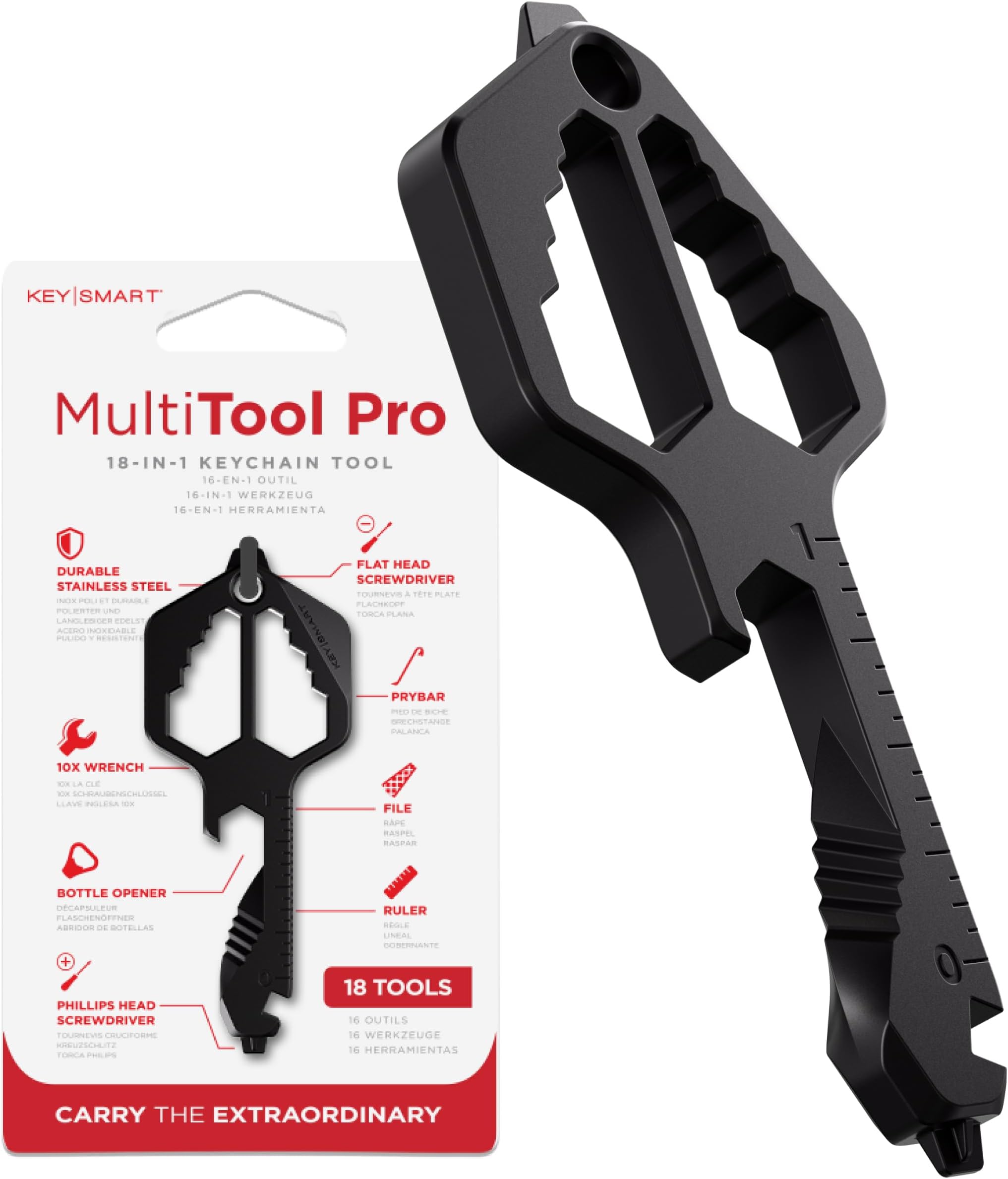 KeySmart Multitool Pro - 18-in-1 Multifunction Key Shaped Tool Pocket Multi-Tool Key Chain Bottle Opener Keychain, Key Multitool Keychain for Men Gift, EDC Gear Keychain, Black, 1 Pack