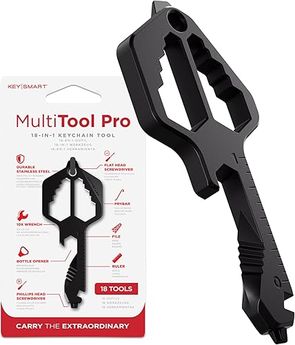 KeySmart Multitool Pro - Llavero multifunción 18 en 1 con forma de llave, bolsillo para herramientas, llavero multiherramienta para abrebotellas,