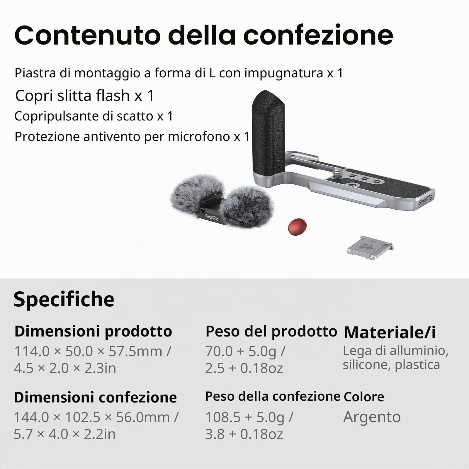 SMALLRIG X-M5 Impugnatura L per FUJIFILM X-M5, Piastra a Sgancio Rapido Integrata per Arca, Maniglia Laterale in Silicone Leggero, Include Parabrezza con Adattatore per Slitta Fredda (Argento) - 4875