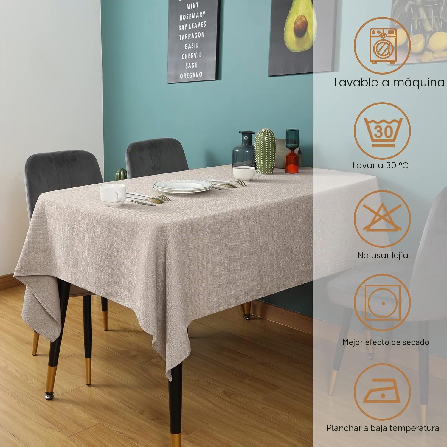 Mantel 145 x 300 cm Beige Rectangular manteles de mesa impermeable Lino | Mantel antimanchas Mesa rectangular resinado Cocina Restaurante exterior Navidad Fiesta Año Nuevo