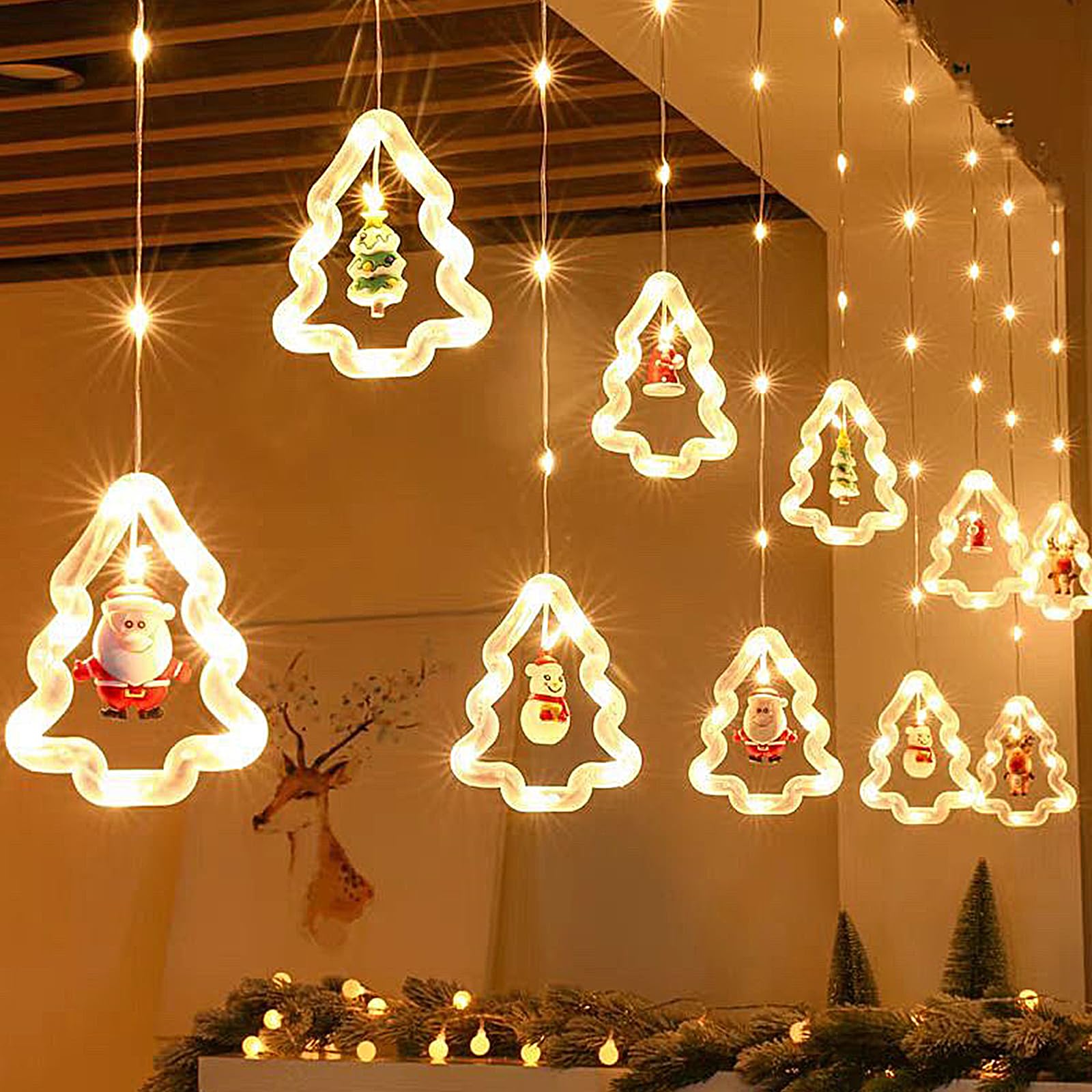 Funmo Guirnaldas Cortina Luces con 10pcs Adornos Navideños,Guirnaldas Luces Cortina, LED Colgante,3m Control Remoto 8 Modos,Ventana, Escaparate, Boda, Fiesta